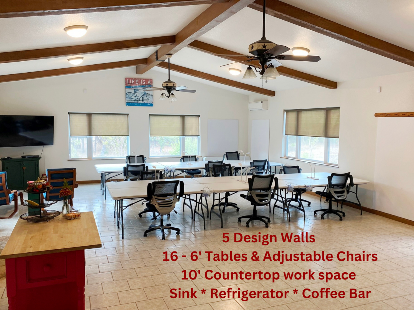 24-hour beverage bar and tables for retreats, conferences and weddings.