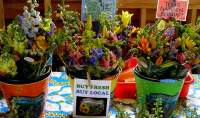 Colorful flowers inside Arnowsky Flower Farm's blue barn.