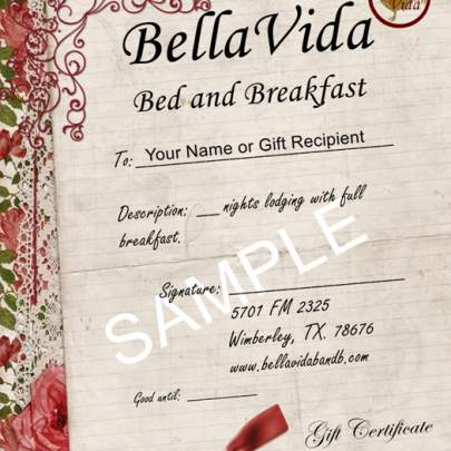 Beautiful gift certificate. Left side design of roses overlaid with lace. Wording of a sample gift certificate.