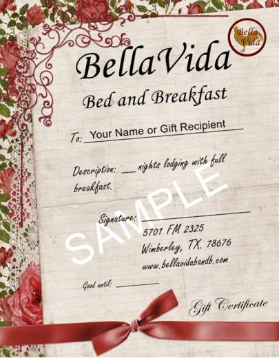 Sample gift certificate for BellaVida Bed and Breakfast