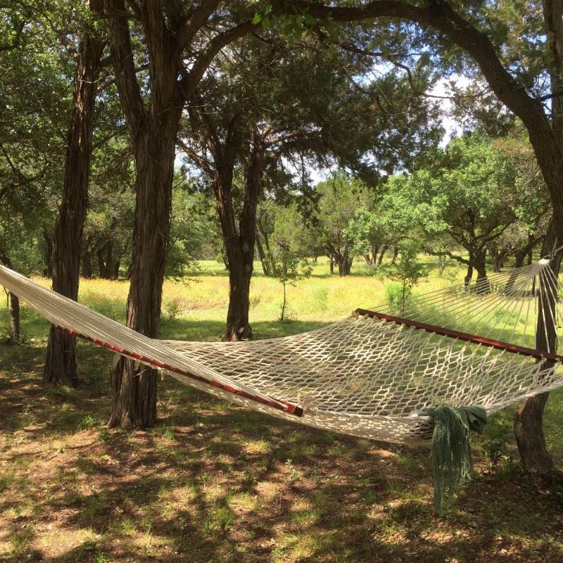 A comfortable hammock hangs among the shade trees waiting for a guest to nap or read a book.