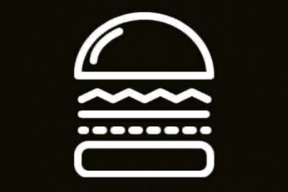 Black background with white outline drawing of a hamburger.