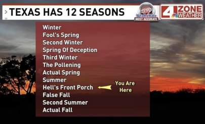 Meme listing 12 fictitious seasons in Texas. The pointer is on the season, Hell's Front Porch