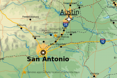 Central Texas map indicating the proximity of BellaVida Haus and BellaVida Bed and Breakfast to area attractions.