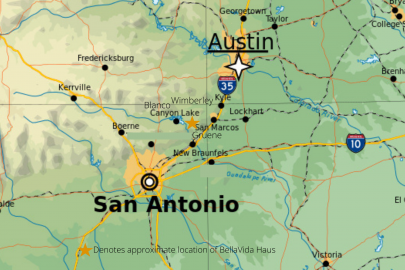 Central Texas Map Central Texas map indicating the proximity of BellaVida Haus and BellaVida Bed and Breakfast to area attractions.