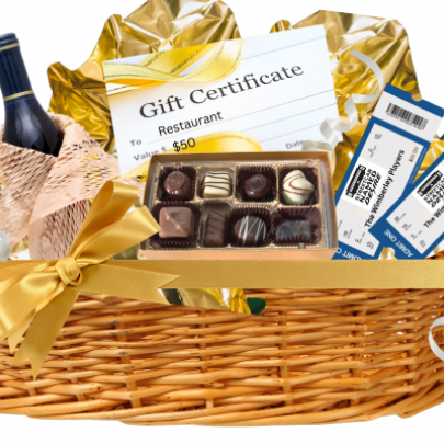 Basket filled with a bottle of wine, 2 theater tickets, box of chocolates,  restaurant gift certificate