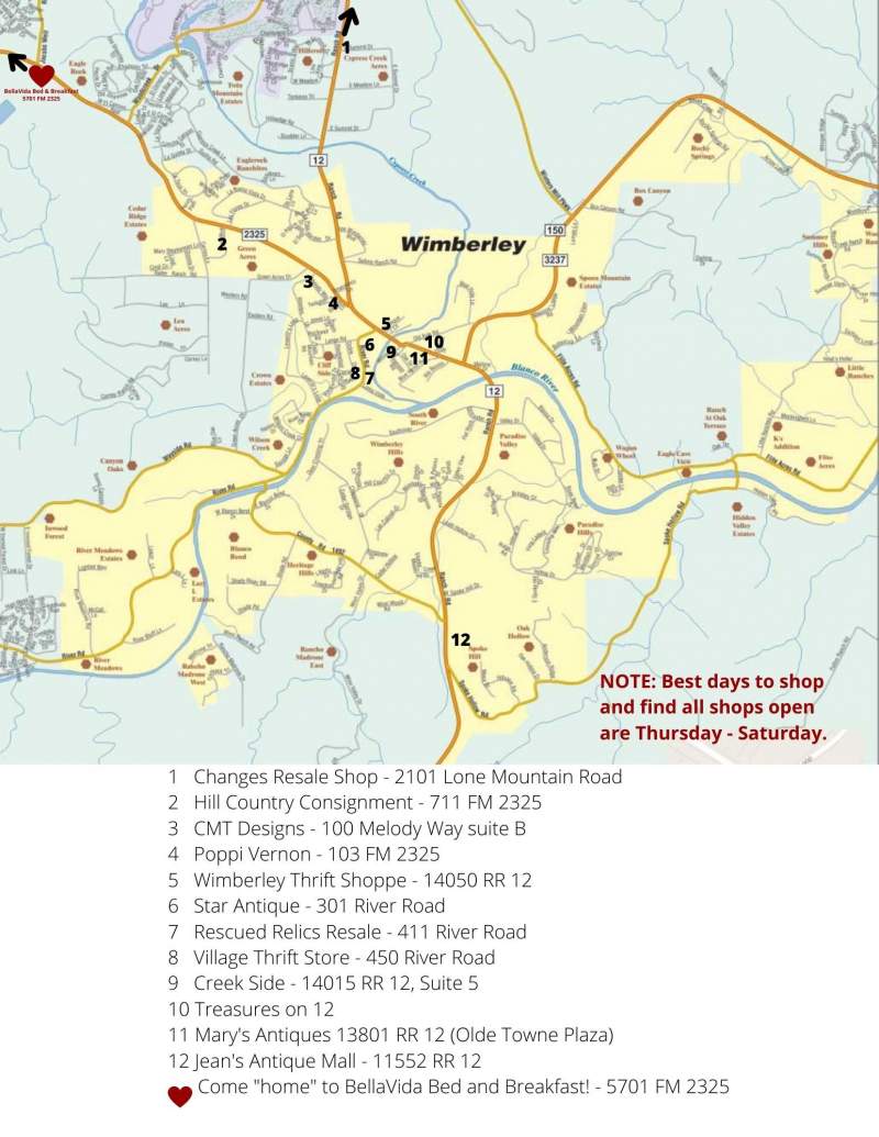 Wimberley area map indication locations of resale thrift vintage shops.