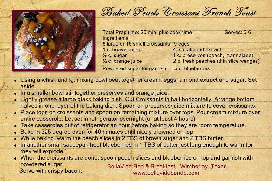 Baked Peach Croissant French Toast Recipe Card Colorful recipe card for Baked Peach Croissant French Toast with baking instructions and an image of this favorite breakfast item.
