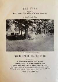 Advertisement in 1939 Wood Junior College yearbook for it's farm. Students worked the farm that included dairy cows.